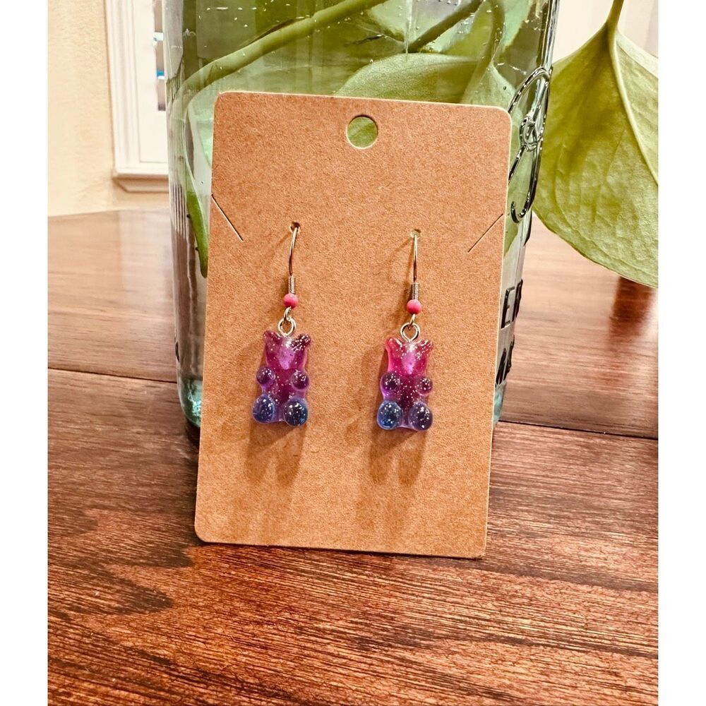 Pink and Purple 90’s Vibes Gummy Bear Glitter Dangle Drop Earrings New